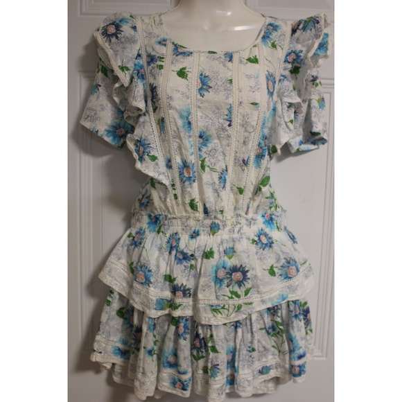 LoveShackFancy Floral Ruffle Cottage Smocked Tiered Mini Dress SZ Medium Twee - Picture 4 of 16